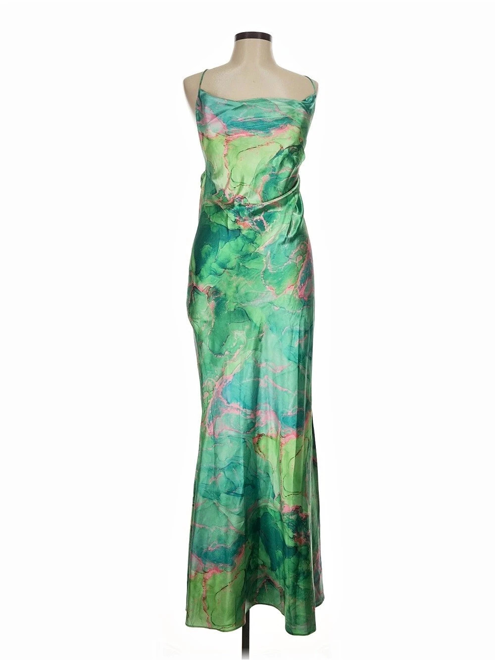 Sea Green Abstract Print Satin Ombre Print Cowl Neck Maxi Dress
